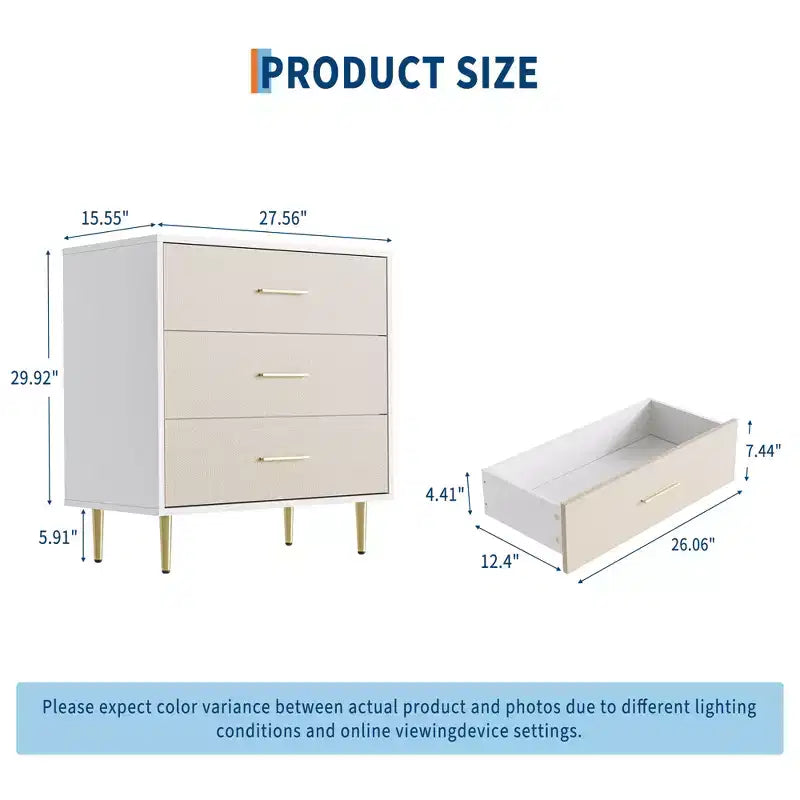 Modern 3-Drawer Dresser with Gold Handles & Legs, Wooden Nightstand - Linen-Textured Narrow Accent Cabinet for Bedroom & Living Room