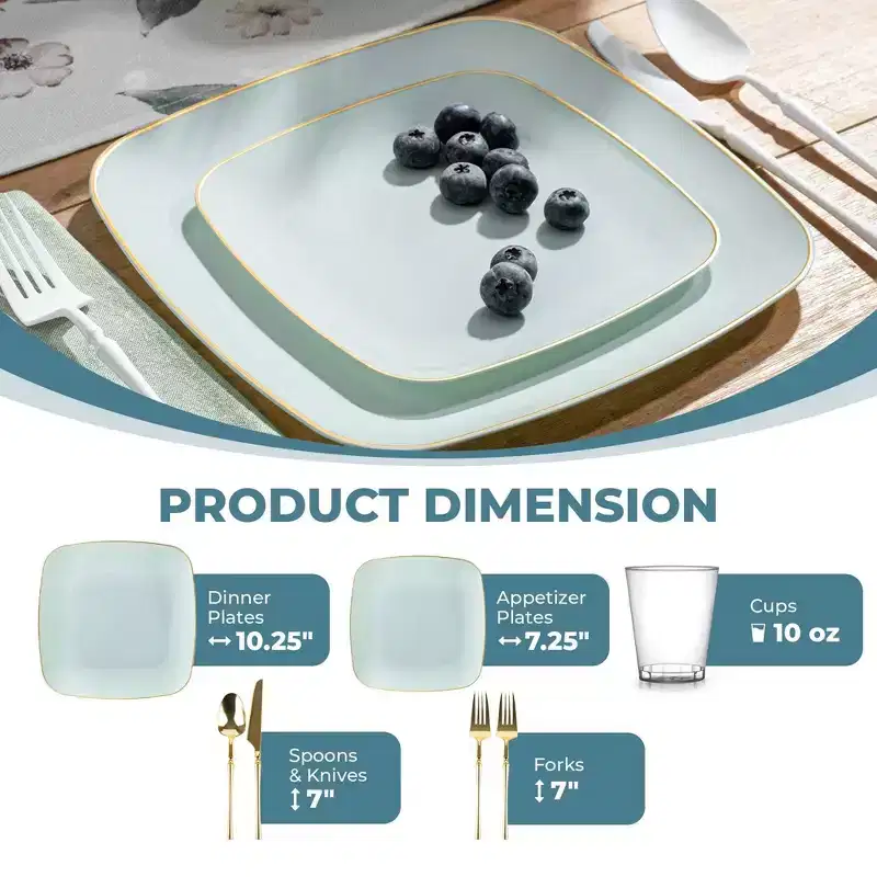 Posh Setting 280 Piece Turquoise And Gold Plastic Party Bundle - Classic Square (40 Settings)