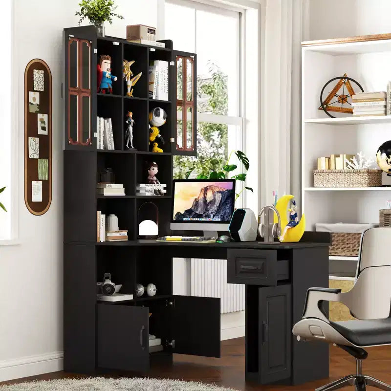 L Shaped Desk with Hutch, Corner Desk with Hutch and Drawers, Modern Computer Desk for Home Office Study Room, 2-in-1 Writing Study Table