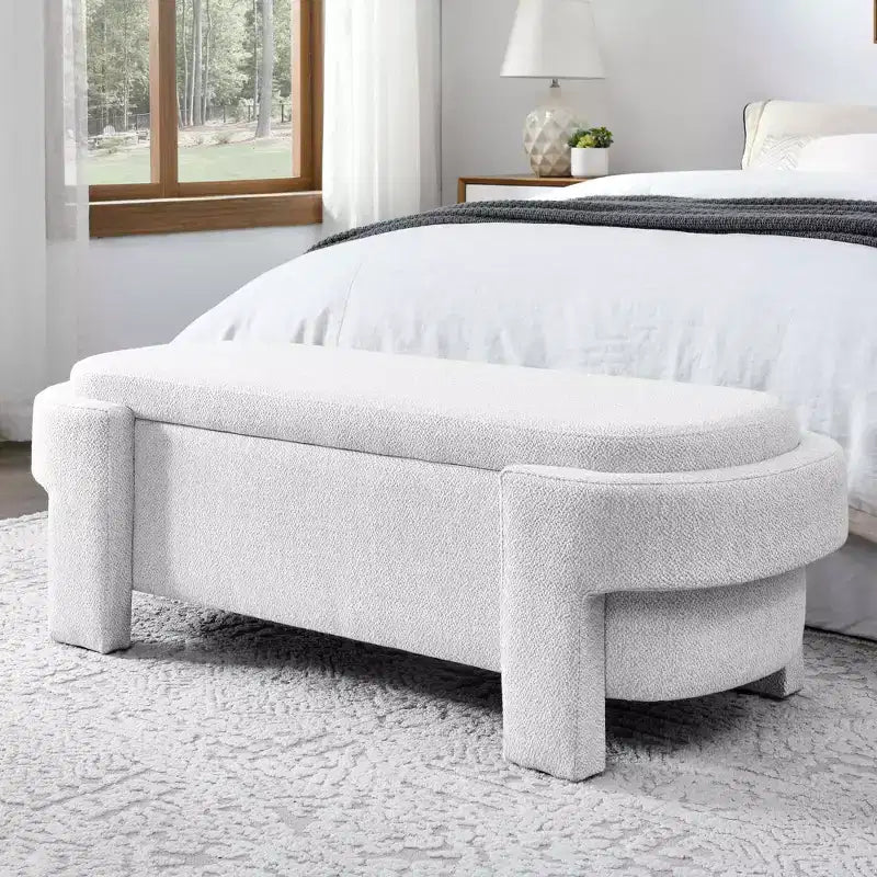 MAYEERTY Linen Fabric Upholstered Bench with Large Storage Space for Living Room Bedroom Entryway White