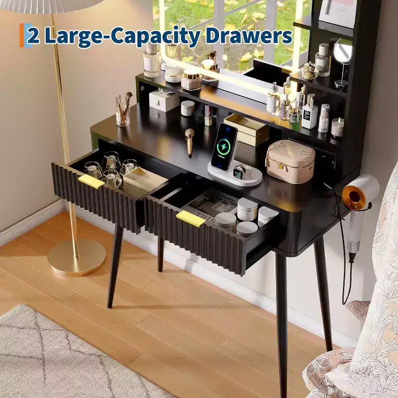 31 inch Makeup Vanity Desk with Mirror Lights, Mid Century Dressing Table with Storage Cabinet & 2 Drawers, White/Oak/Black