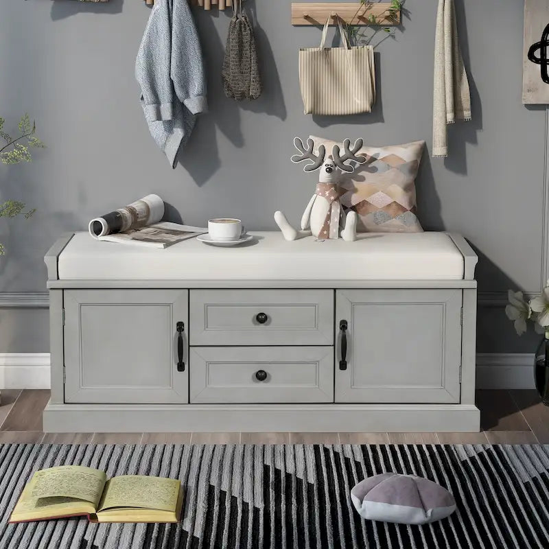 Storage Bench with 2 Drawers and 2 Cabinets, Shoe Bench with Removable Cushion for Living Room