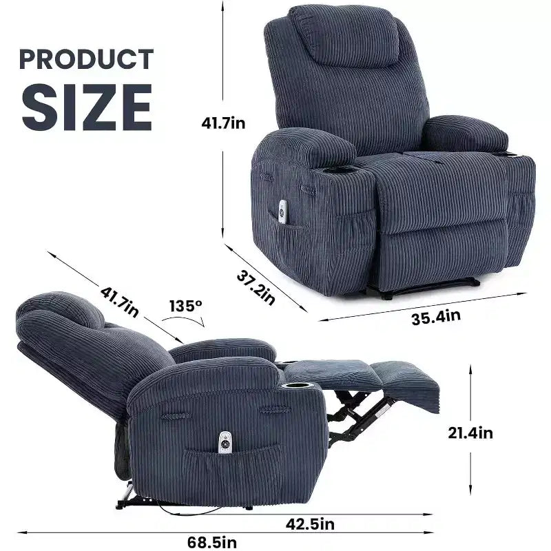 Electric Corduroy Rocking Recliner ChairAdjustable Massage Heat, USB Port, Dual Side Pockets, Cup HoldersCozy Lounge for Living RoomBedroom