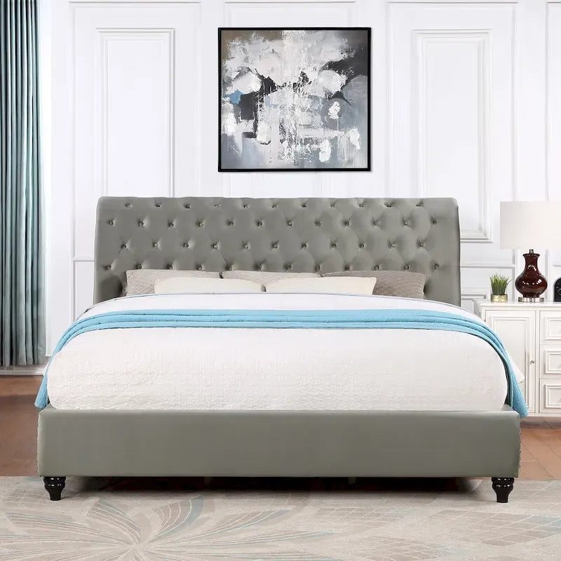 Gray Velvet Button Tufted Nailhead Sleigh Bed �C Queen / King