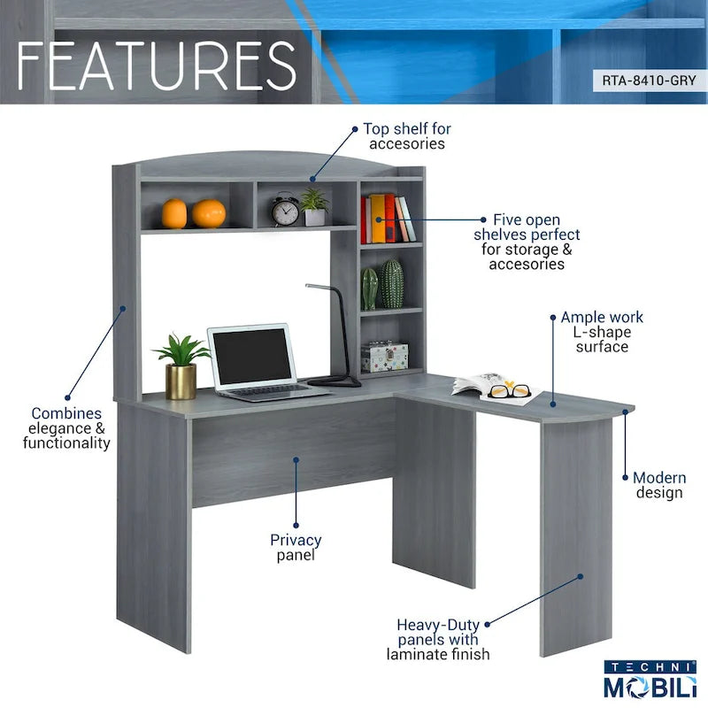 Grey L-Shaped Computer Desk with Hutch, 1-Person, 47.25×49.25×62.5
