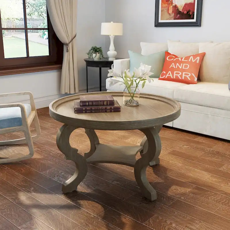 Round Faux Wood Coffee Table with Cabriole Legs and Lower Shelf