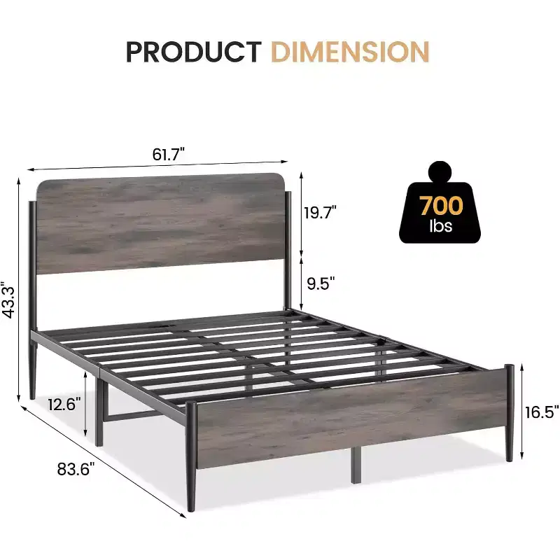 Queen Bed Frame w/Walnut Headboard & Footboard - Heavy Duty Metal Platform, 12.6 Storage, No Box Spring Needed, Easy Assembly