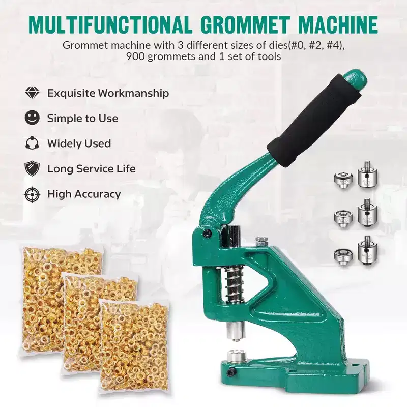 Yescom Grommet Tool Kit 900pcs Eyelets Washers #0/#2/#4 Die Hole Puncher Hand Press Machine for Fabric Crafting Green