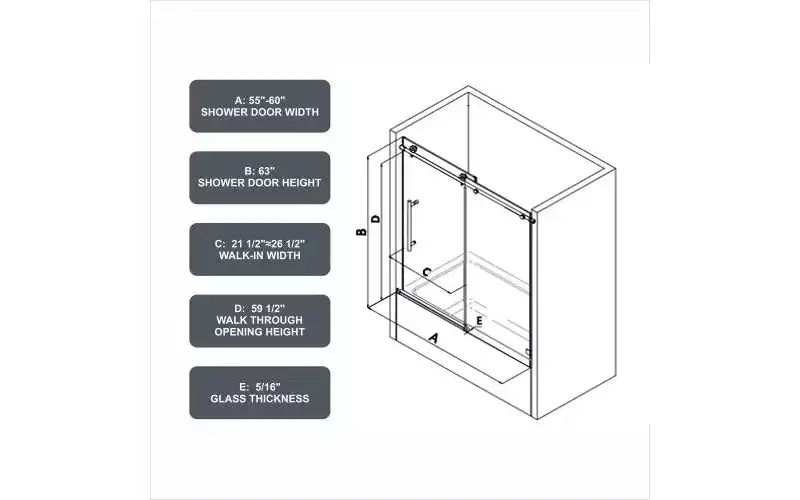 PexFix 63 in.x 60 in. Frameless Single Sliding Shower Door 8mm Tempered Glass With Adjustable Soft Closing Design for Spa Bathroom Brushed Nickel