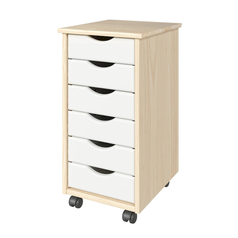 Solid Wood 6-Drawer Narrow Roll Cart, Natural and White