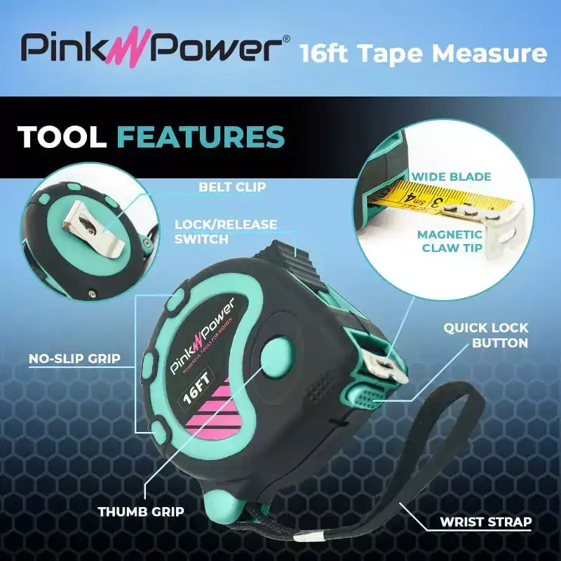 Pink Power 16 Ft Tape Measure with Fractions  Blue Heavy-Duty Small Measuring Tape Retractable with Easy-Read Markings, Self Centering Return