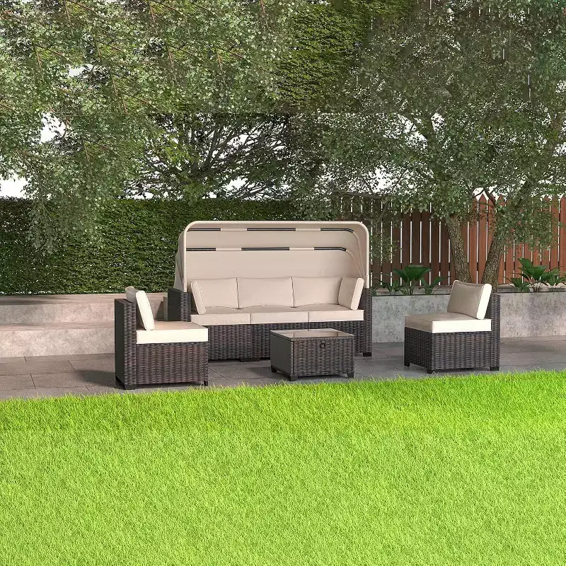6 Piece Set of Outdoor Daybeds, Daybed with Retractable Canopy, Out Patio Lounge Set with Adjustable Backrests, Chaise Lounges