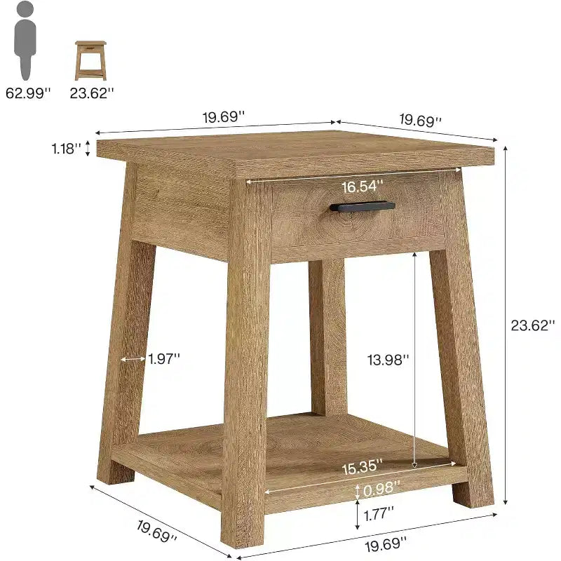 Tribesigns 2 -Tier Square Side Table, Wooden End Table with Drawer, with Shelf Storage for Living Room, Bedroom, Office,Natural Brown