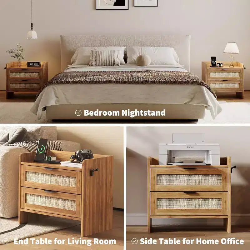 Rattan Bedside Table Nightstand, 2 Drawer, 2 Pcs Bedside Cabinet, Bedroom Organizer and Storage Cabinet for Bedroom Living Room Home Office