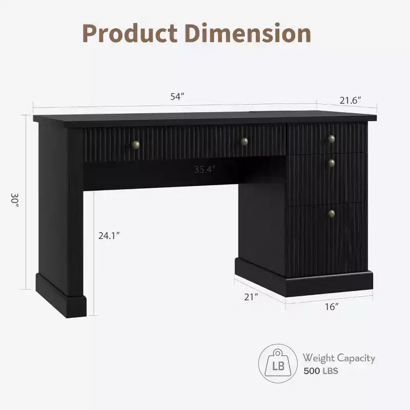 54 Modern Executive Office Desk with Charging Station & File Drawers, Fluted Wood Computer Writing Desk with Storage for Home Study