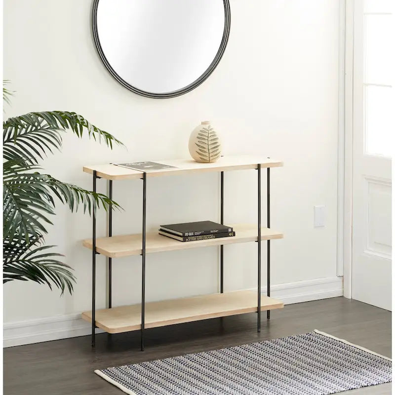3-Tier Console Table with Slim Black Metal Legs, Beige, 14x40x32