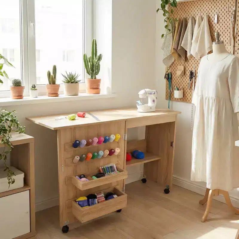 Folding Sewing Machine Table, Compact Multifunctional Craft Station & Side Desk with Lockable Wheels, Storage Shelves, Trays, Pegs & Magnetic Locks