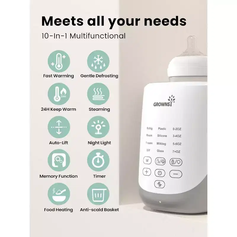 GROWNSY Nutri Bottle Warmer with Innovative Auto-Lift, 10-in-1 Baby Bottle Warmer, Retain Nutrients Milk Warmer for Breastmilk&Formula