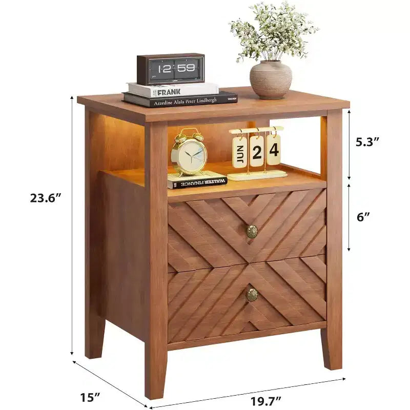 COZONY Farmhouse Nightstand with 2 Drawers, Rustic Bedside Table Open Shelf Wooden Legs for Bedroom Living Room Office,Not electrified.