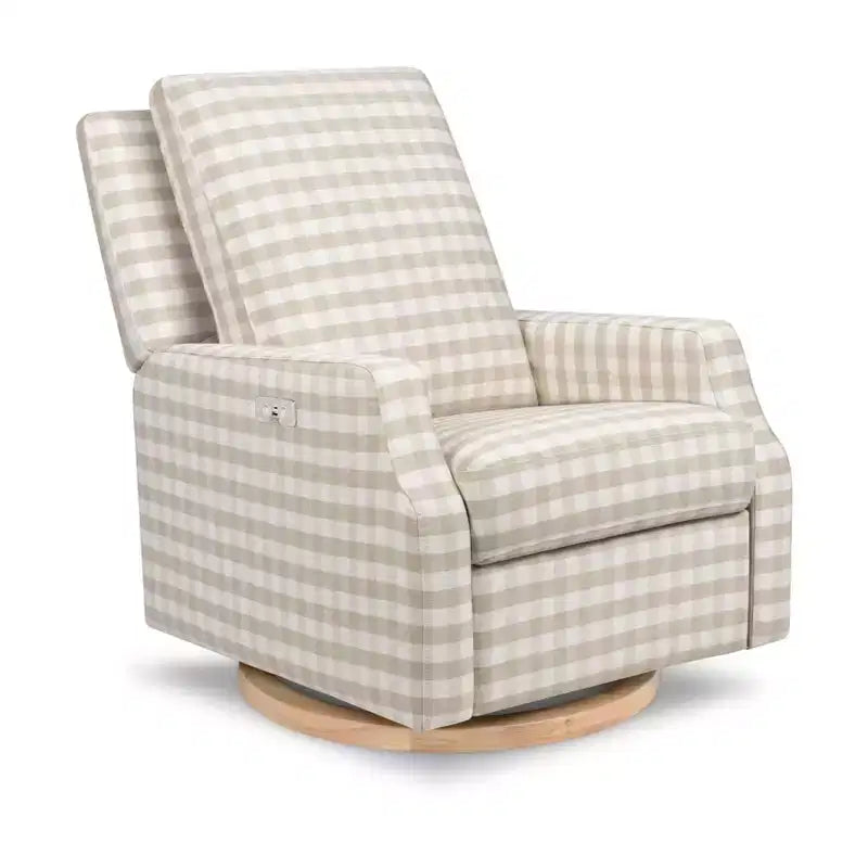 Electronic Recliner and Swivel Glider - Tan Gingham with Light Wood Base