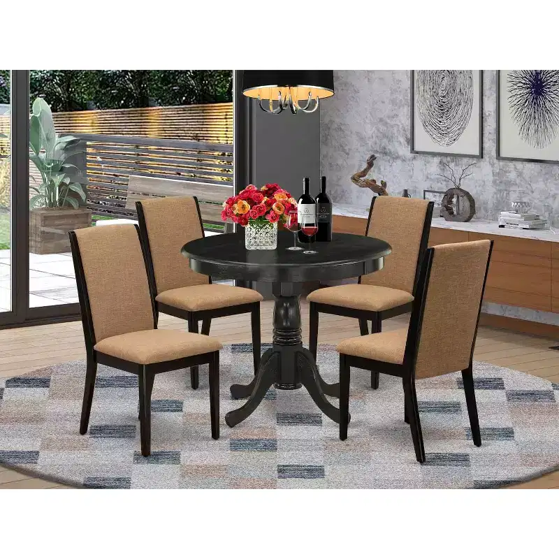 HomeStock 5-Piece Round Wirebrushed Black Finish Solid Wood Top Dining Table with 4 Parson Chair