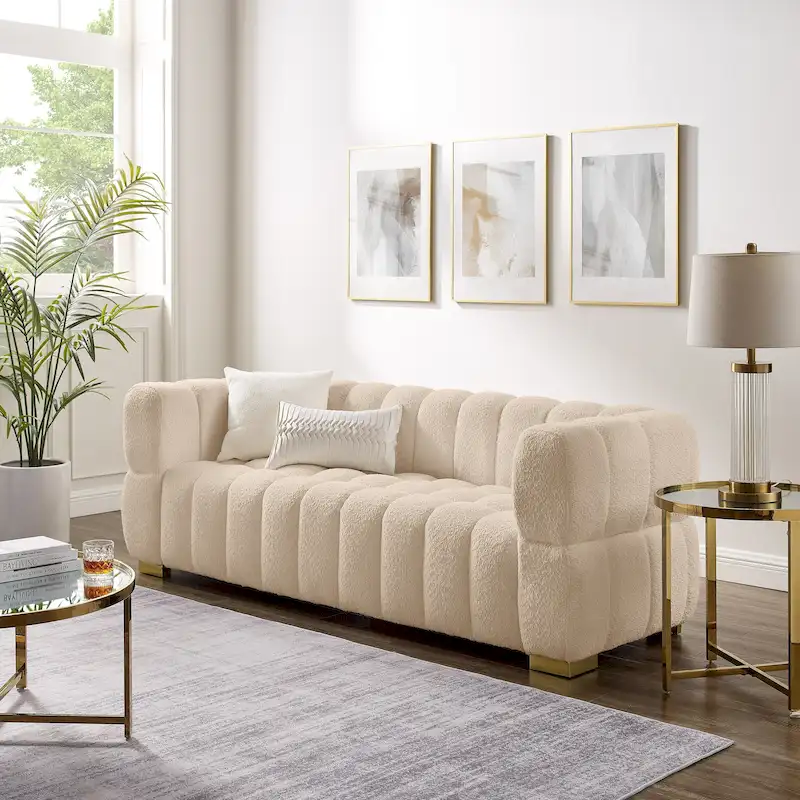 85 Modern Waffle Fabric Couch, Leisure Comfortable Sofa