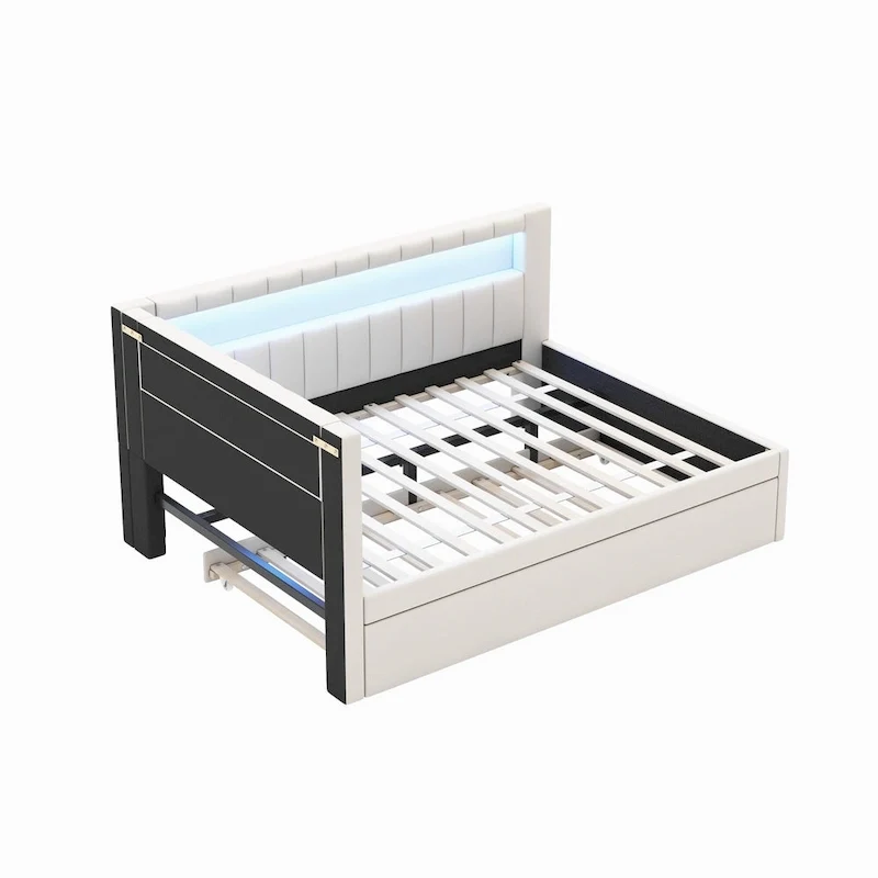 Lit plateforme rembourré avec ports USB et éclairage LED - Cadre de lit double/simple avec 2 tiroirs de rangement - Chambre moderne
