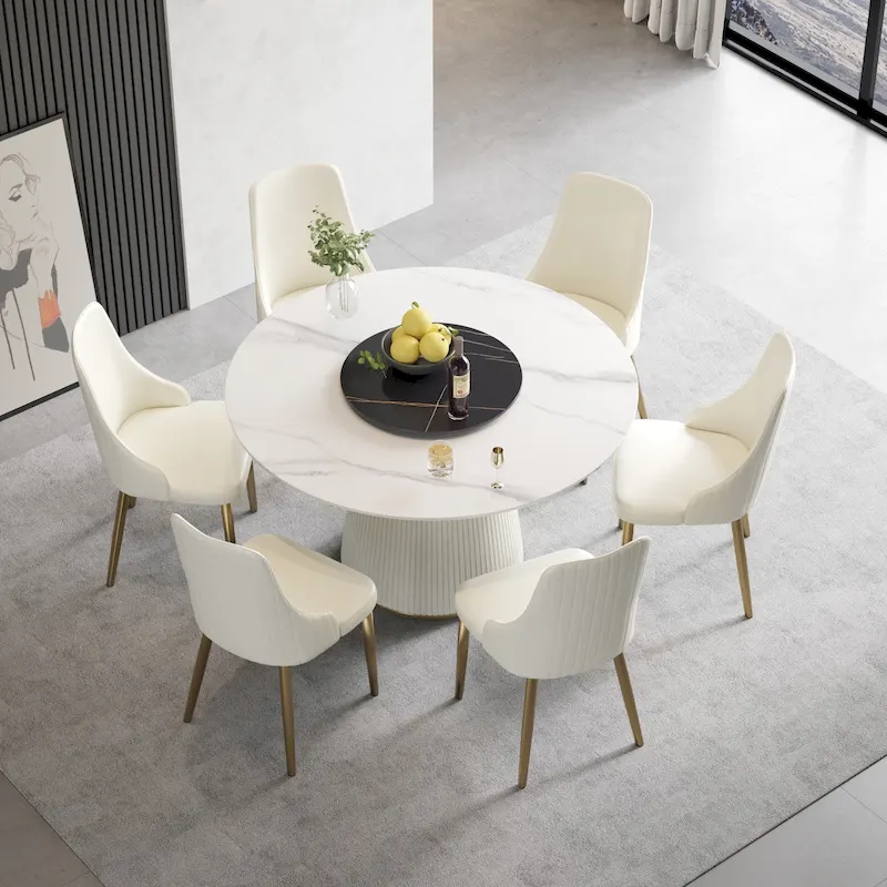 53 Round Dining Table for 6 with Sintered Stone Tabletop and Lazy Susan