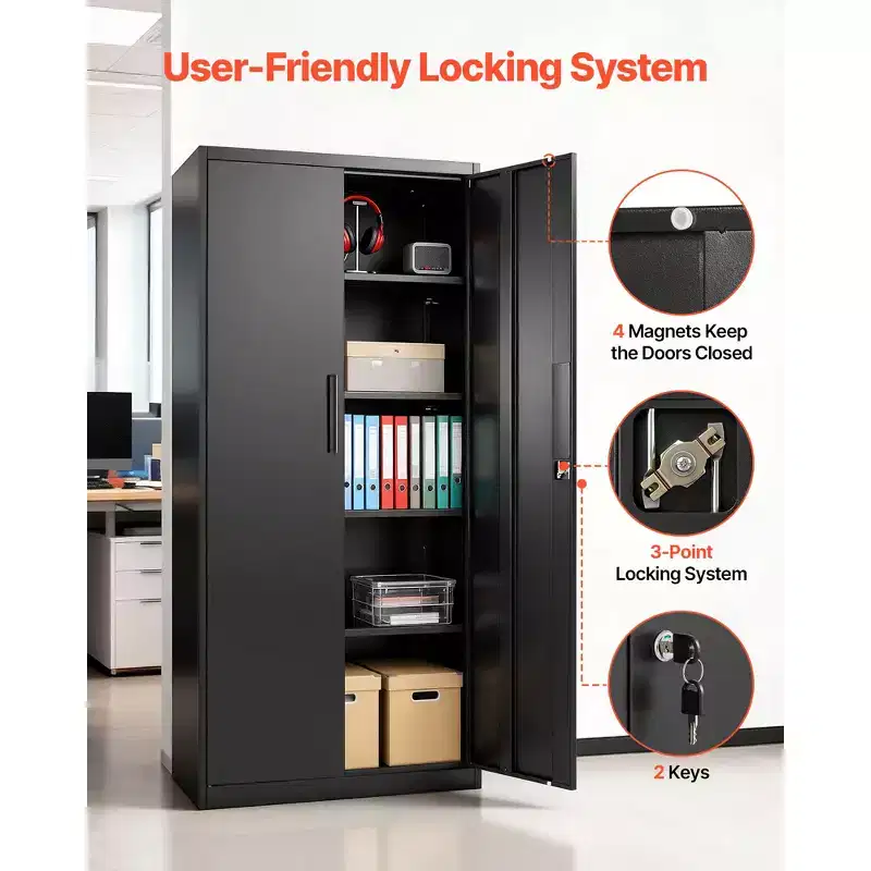 VEVOR Metal Storage Cabinet, 68.9 in Lockable Steel Garage Cabinet with 4 Adjustable Shelves, 2 Magnetic Doors, 2 Keys, 5 Tiers Tool Storage, Black