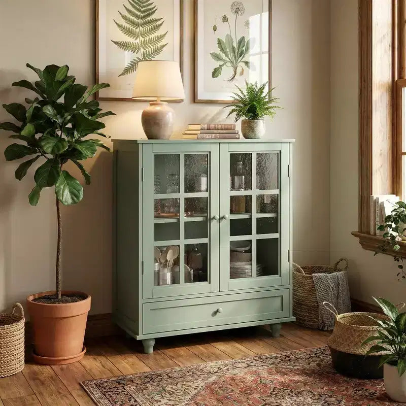 FurnitureR Minimalism Buffet Cabinet with Glass Doors and Drawer, Farmhouse Storage Cabinet for Dining Room, Kitchen, Living Room, Hallway Entryway