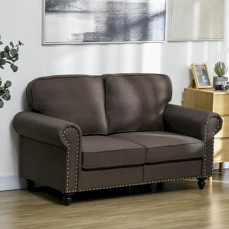 Mid Century Modern 2 Seater Small Couch with Nailhead Trim, Rolled Arm, Fabric Upholstered Love Seat
