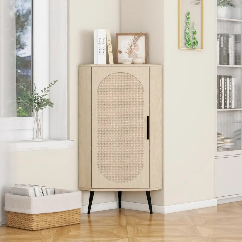 Freestanding Corner Cabinet with Rattan Door for Small Spaces