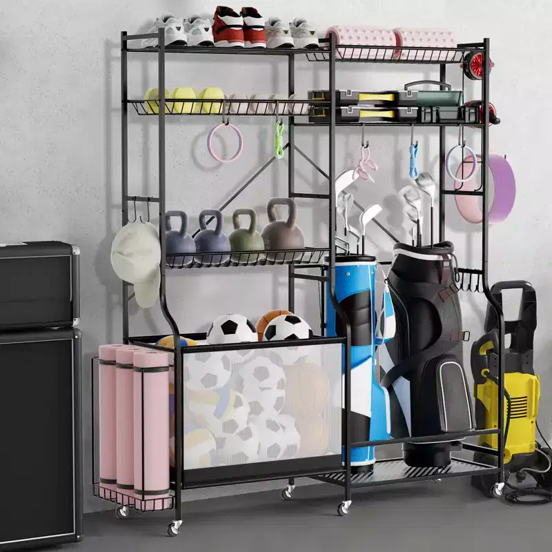 Gymax Sports Gear Organizer w/ Yoga Mat Holder Ball Basket & Adjustable Shelves & Lockable Swivel Wheels for Garage Gym Basement