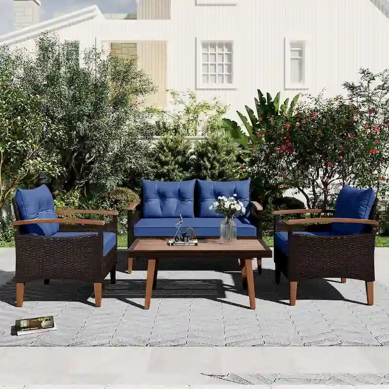 Blue Comfortable 4-Piece Garden Furniture Patio Seating Set