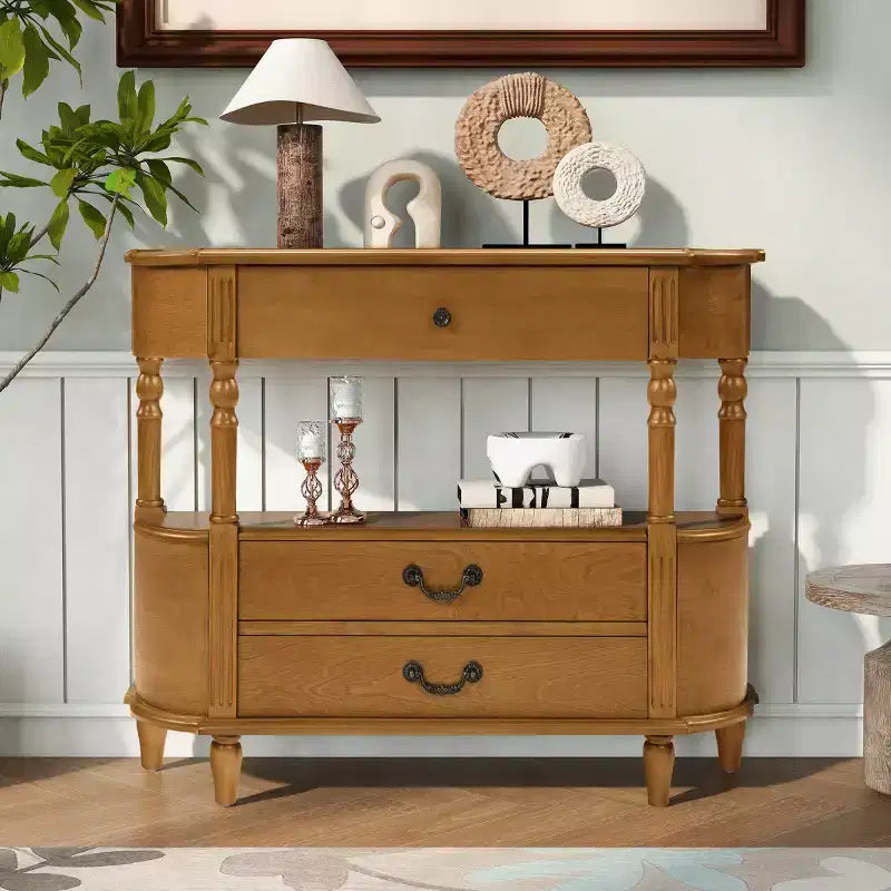 43 Retro Curved Console Table with Drawers, Solid Wood Legs Sofa Table Behind Couch, Entryway or Hallway Table with Storage Shelf-Panipeachy