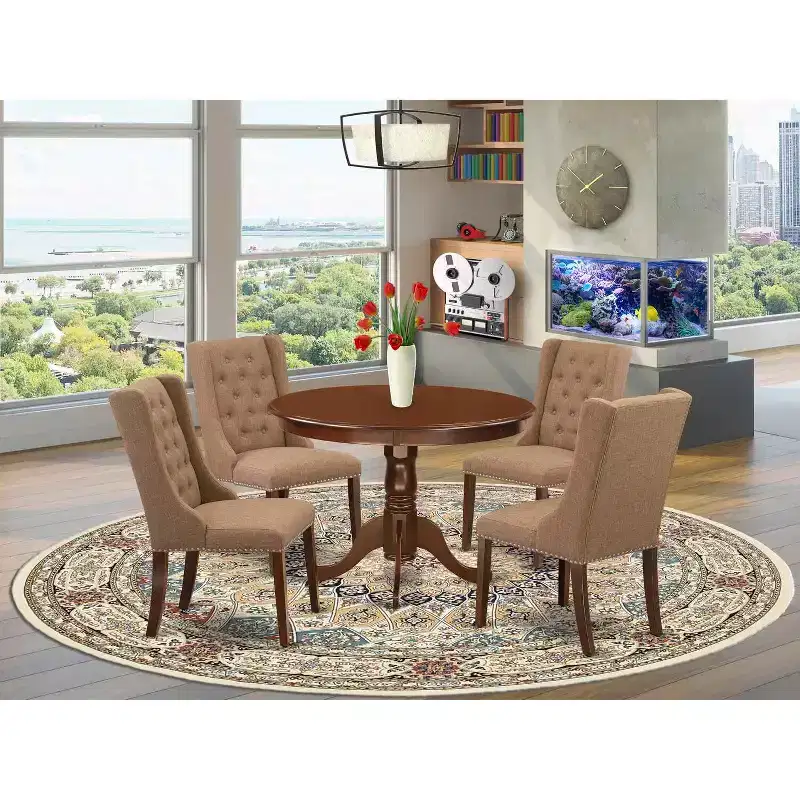 HomeStock 5-Piece Mahogany Finish Solid Wood Top Dining Table with 4 Parson Chair