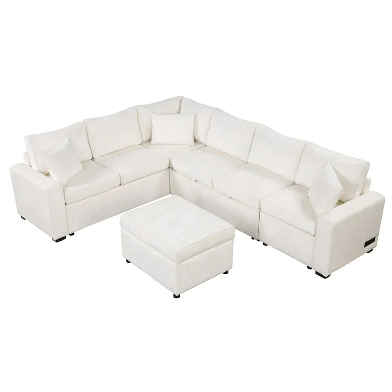 Chenille Sectional Sofa Pull-out Sofa Bed, L-Shape Sleeper Sofa with Storage Ottoman, 3 Pillows and Charging Devices