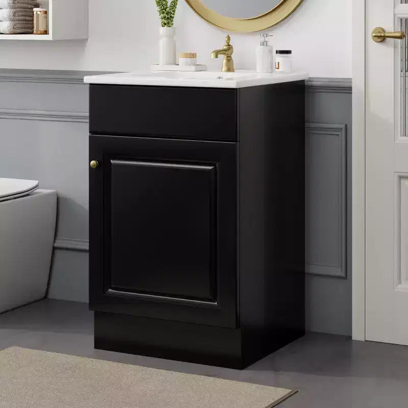 Bathroom Vanity with Sink, Free Standing Single Basin Vanity Set with Storage Rack, Solid Wood Bathroom Cabinet with Ceramic Basin