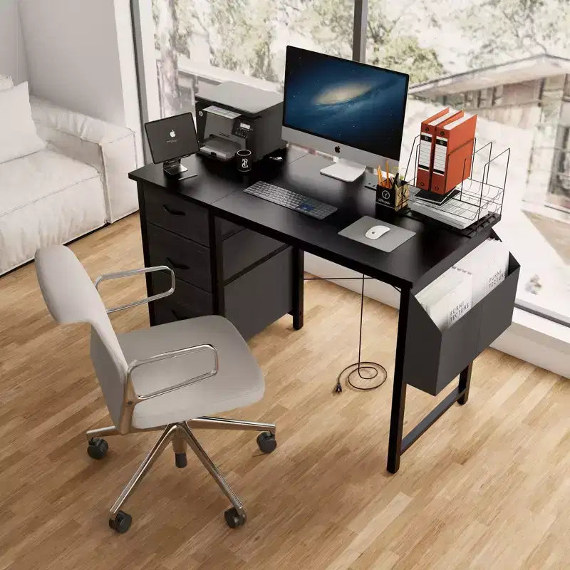 Modern Home Office Computer Desk with Drawers & Shelves, Writing Desk with Side Bag for Study & Office