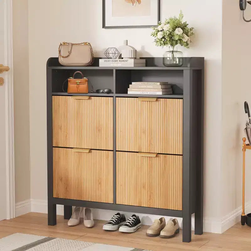 4-Drawer Flip-Top Shoe Cabinet - Vacuum-formed MDF with wave design, dual-compartment storage, ideal for balconies and storage rooms