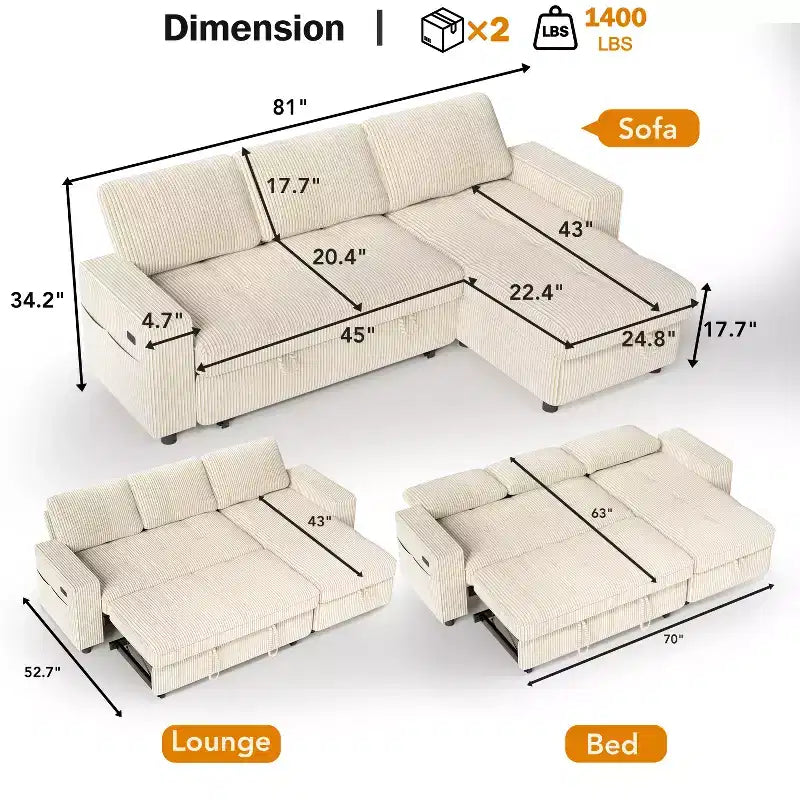 Dyonery Sofa Bed Reclining Backrest, Storage Chaise Side storage bag  USB Ports, corduroy