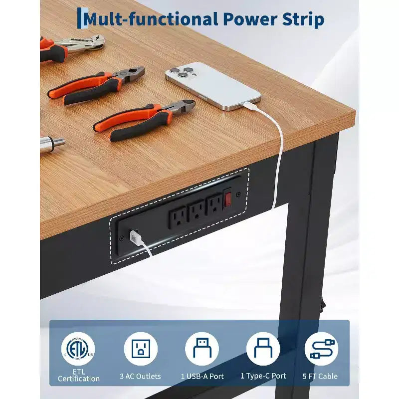 48 60 72 In Adjustable Workbench, Heavy Duty Work Bench with Built-in Power Outlets, 2500 LB Wood Top Work Table for Garage, Workshop, Repair Shop
