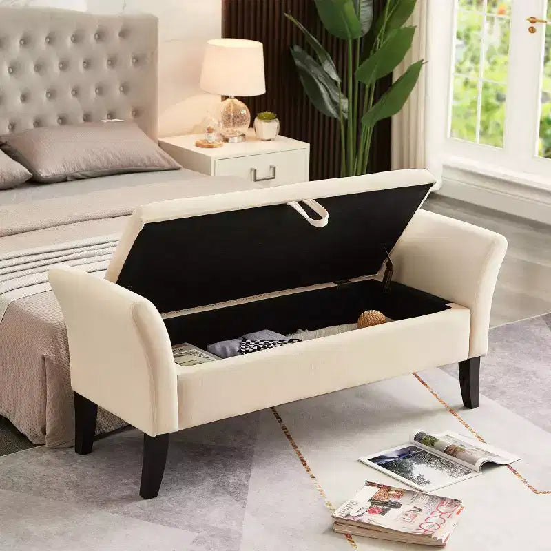 51.5 Velvet Storage Bench with Curved Arms - Tufted, Solid Wood Legs