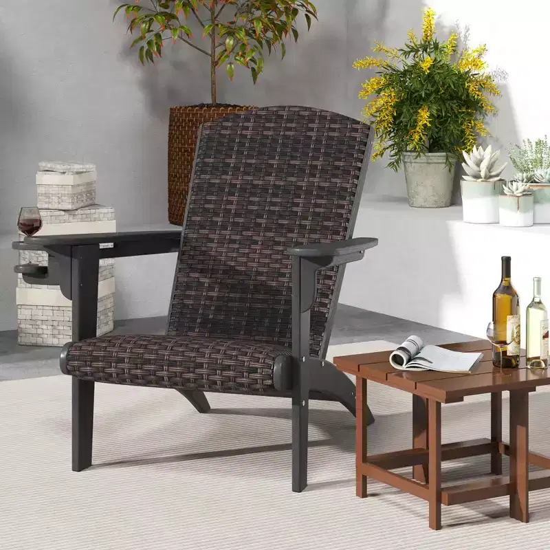 Costway Patio Adirondack Chair with Rattan Padded Seat Wide Armrests & Hidden Cupholder Black/Brown/Gray/White