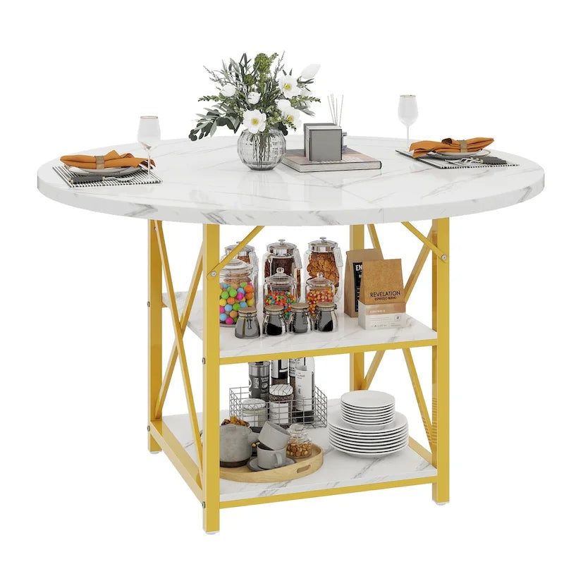 Round Dining Table with Storage Shelves & Metal Legs for 4-6 People