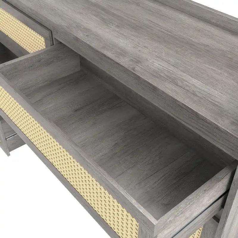 Black / Vintage Grey Oak Rattan 6-Drawer Dresser, 63W