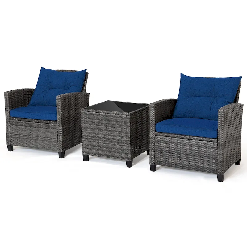 3-Piece Outdoor Wicker Patio Furniture Set with Tempered Glass Coffee Table - 26.5 x 26.5 x 30 (L x W x H)