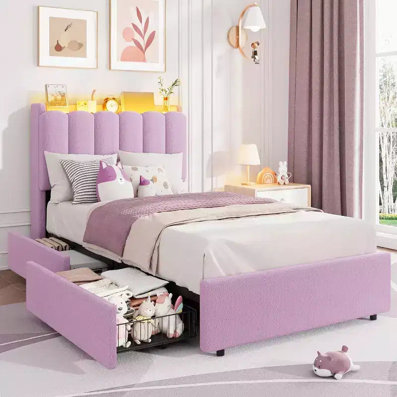 Platform Bed Frame with Storage Headboard, Boucle Upholstered Kids Bed for Girls, 2 Drawers, Wavy Headboard, No Box Spring Needed