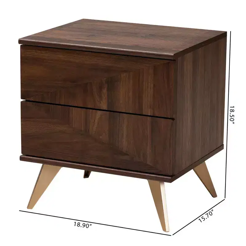 Graceland 2 Drawer Wooden Nightstand Walnut Brown/Gold - Baxton Studio