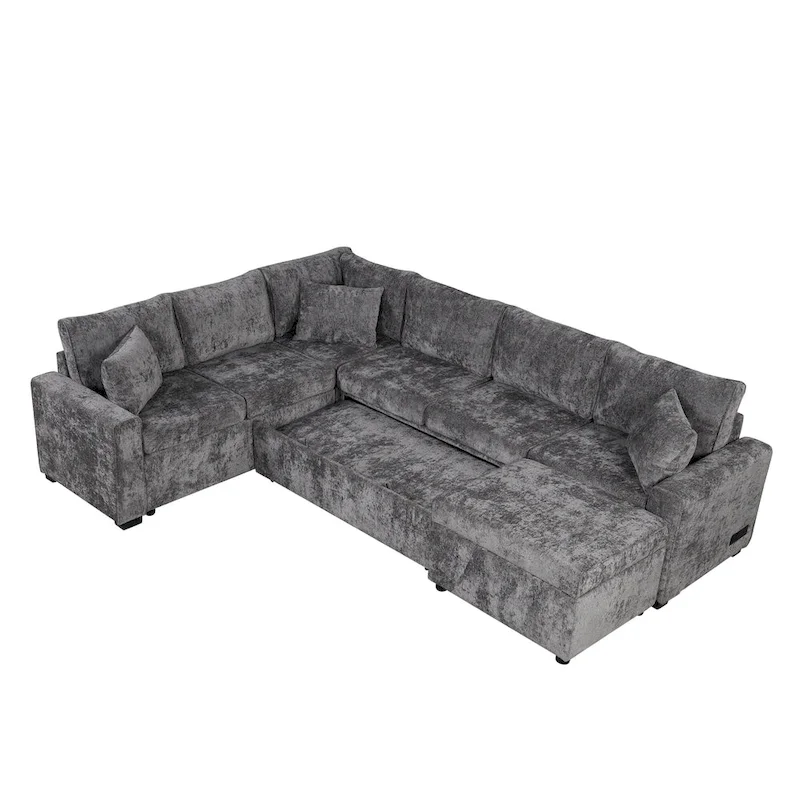 Chenille Sectional Sofa Pull-out Sofa Bed, L-Shape Sleeper Sofa with Storage Ottoman, 3 Pillows and Charging Devices